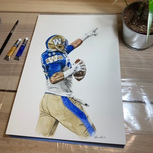 May include: Watercolor painting of a football player in a blue and gold uniform, throwing a football. The player is wearing a helmet with a "W" on it. The painting is on a white background.