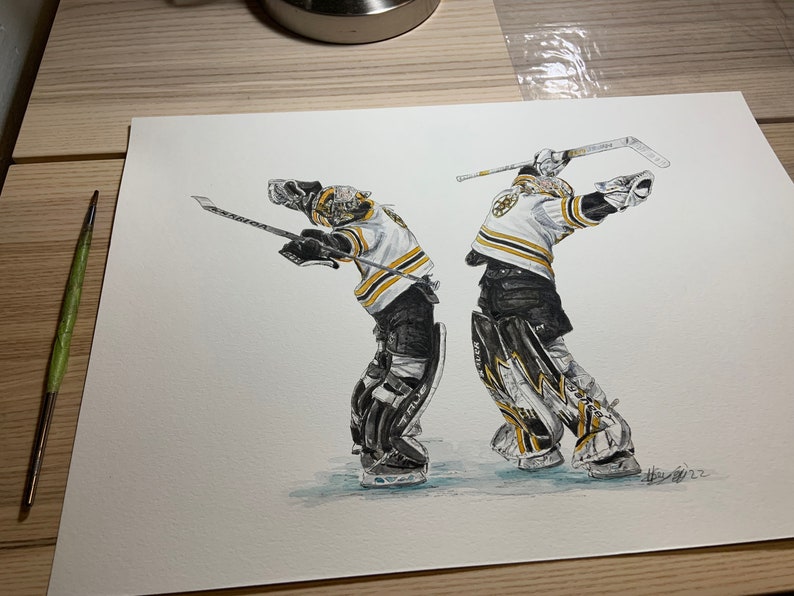 Boston Jeremy Swayman and Linus Ullmark by MikeNguyenArt // Watercolour Painting image 1