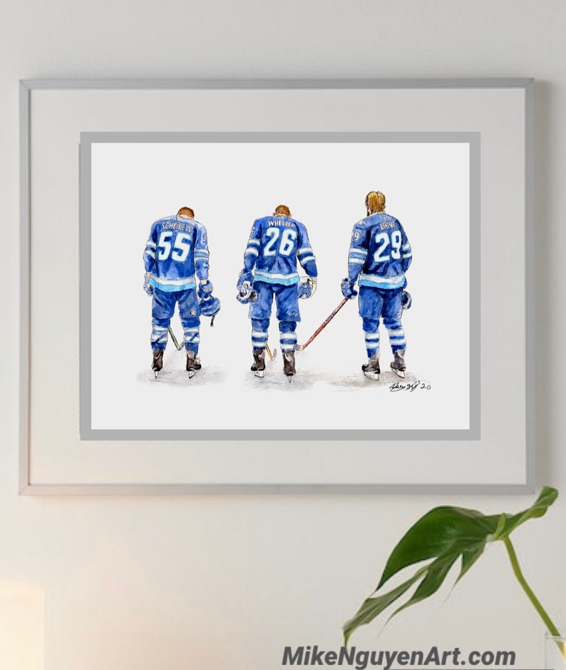 May include: Watercolour painting of three hockey players wearing blue and white jerseys with their numbers on the back. The players are facing away from the viewer and are holding hockey sticks. The painting is signed and dated in the bottom right corner.
