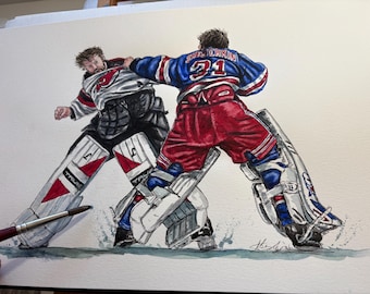 Igor Shesterkin vs Jacob Markstrom // goalie fight // New York Rangers // Hockey // NHL // Watercolour Painting