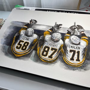 « Banc des pingouins Kris Letang, Evgeni Malkin et Sidney Crosby » par MikeNguyenArt