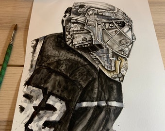 May include: Black and white watercolor painting of a hockey goalie wearing a mask. The goalie is wearing a black jersey with white stripes. The painting is signed "Hayes 22".