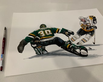 Mario Lemieux vs Jon Casey por MikeNguyenArt // Pittsburgh Penguins // Hockey // NHL // Pintura en acuarela