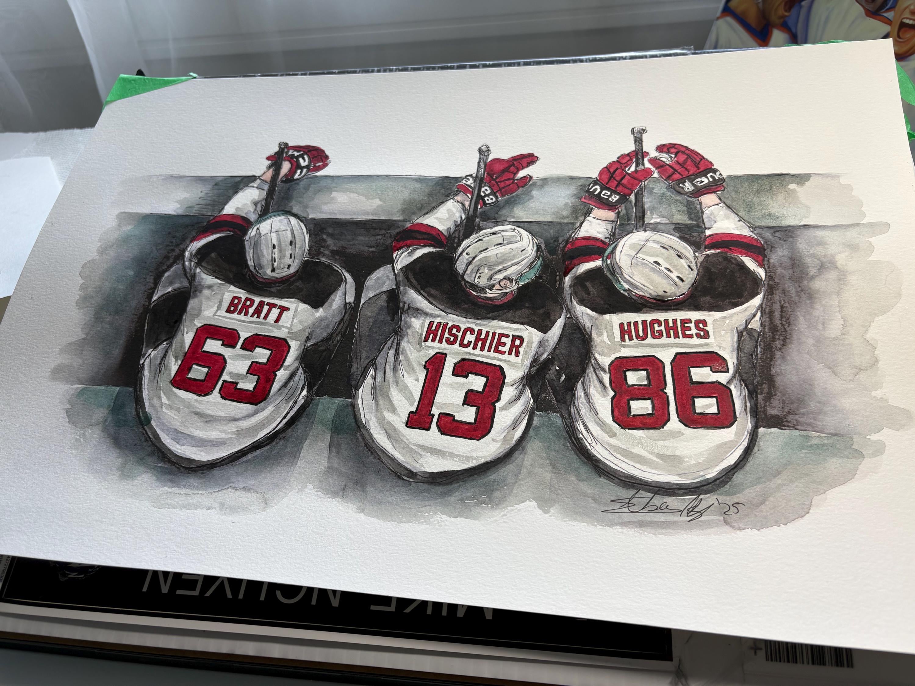 New Jersey Devils Bench Jesper Bratt, Nico Hischier, Jack Hughes