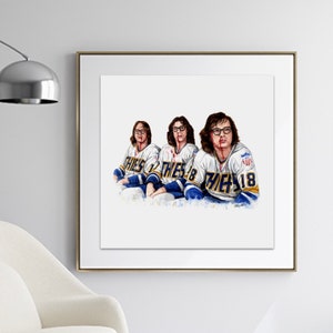 May include: A watercolor painting of three men wearing hockey jerseys with blood splatters on their faces. The jerseys are white with blue and gold accents and the text "Blues 18" on the front.