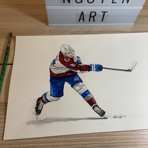 Cale Makar door MikeNguyenArt // Colorado-lawine // Hockey // NHL // Aquarel