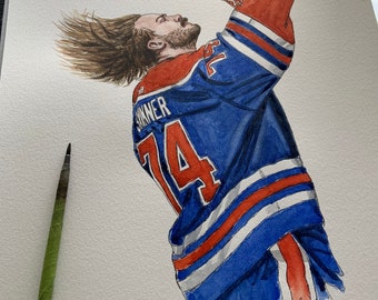 May include: Watercolor painting of a hockey goalie in a blue, orange, and white jersey with the name "Skinner" and the number "74". The goalie is holding up his helmet. The artwork is on watercolor paper.