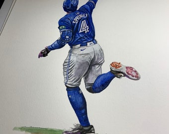 May include: Watercolor painting of a baseball player in a blue uniform with the number 4 and the name "SPRINGER" on the back. The player is running and pointing up. The artwork is signed and dated.
