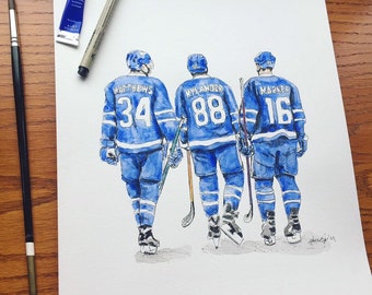 Ligne MNM // Auston Matthews // William Nylander // Mitch Marner // Maple Leafs de Toronto // Hockey // Peinture à l'aquarelle