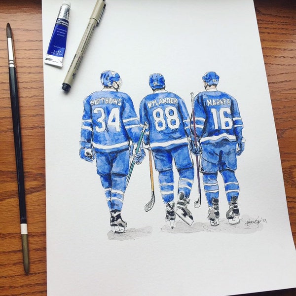 Ligne MNM // Auston Matthews // William Nylander // Mitch Marner // Maple Leafs de Toronto // Hockey // Peinture à l'aquarelle
