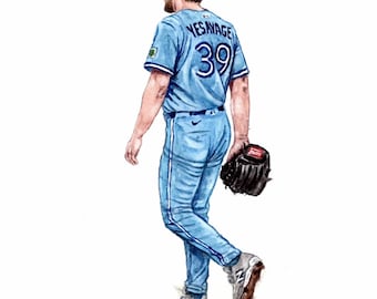 以下が含まれることがあります： 水彩画イラスト。背中に「YESNAGE」と番号「39」が入った水色のユニフォームを着た野球選手。黒い野球グローブを持ち、青いキャップをかぶっている。「12K 2025 WORLD SERIES GAME 5」の文字が下部にあります。