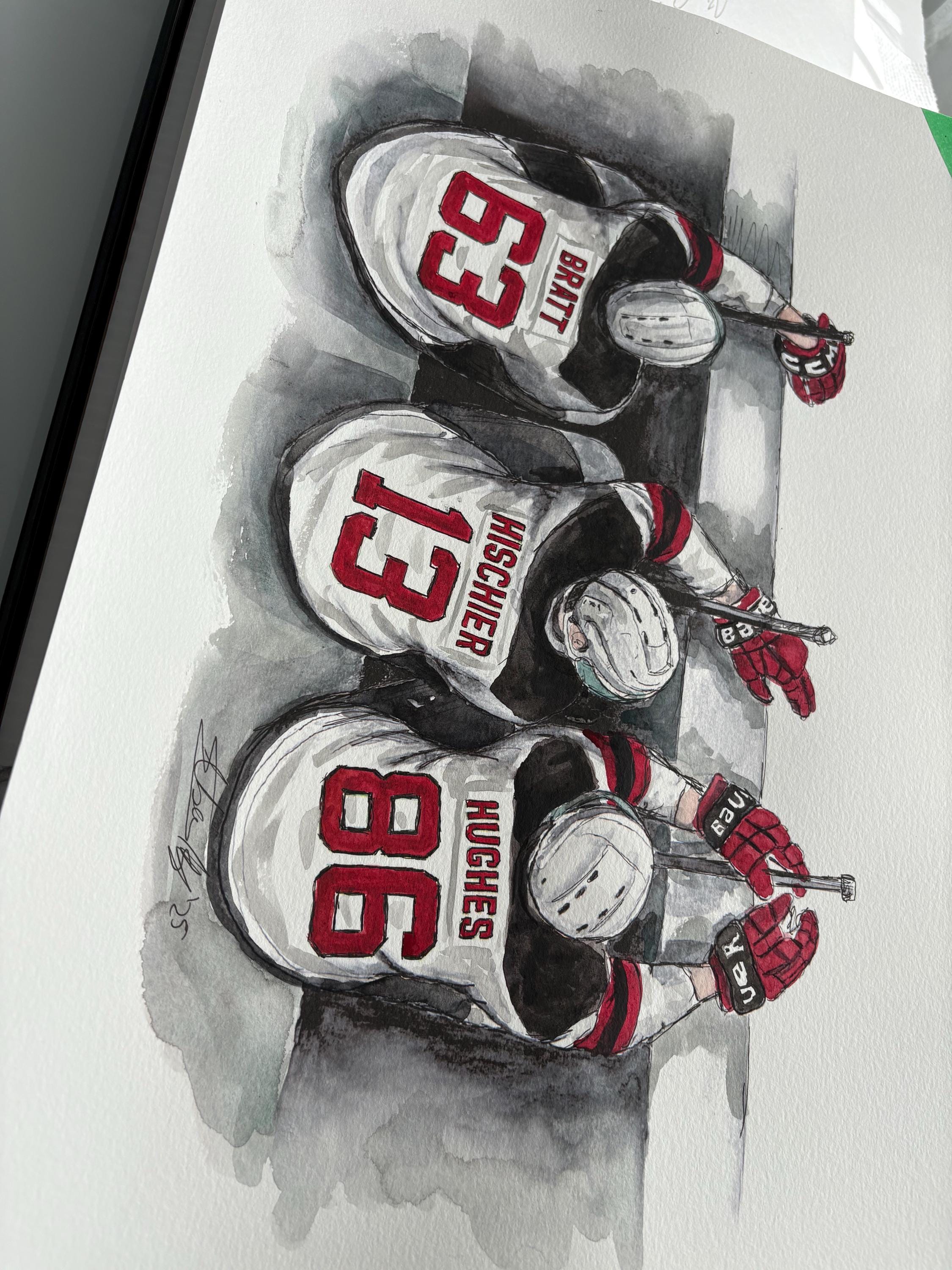 New Jersey Devils Bench Jesper Bratt, Nico Hischier, Jack Hughes