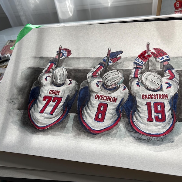 Capitals Bench Alex Ovechkin, Oshie & Backstrom by MikeNguyenArt // Stanley Cup Champ // Washington  // Hockey // NHL // Watercolour