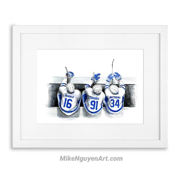 Leafs Bench // Auston Knights // John Tavares // Mitch Marner // Toronto Maple Leafs // Hockey // Aquarell Malerei