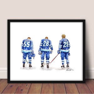 May include: Watercolour painting of three hockey players wearing blue and white jerseys with their numbers on the back. The players are facing away from the viewer and are standing in a line. The painting is signed and dated in the bottom right corner.