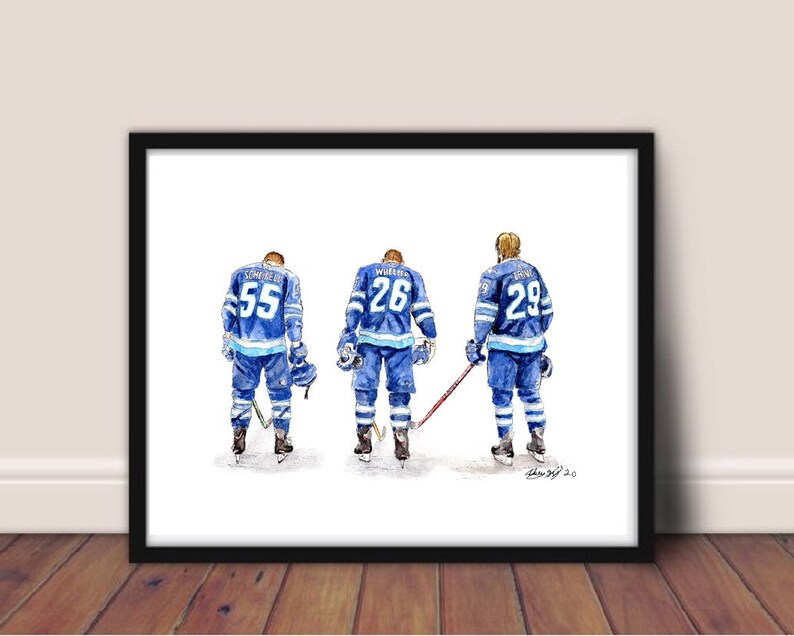 May include: Watercolour painting of three hockey players wearing blue and white jerseys with their numbers on the back. The players are facing away from the viewer and are standing in a line. The painting is signed and dated in the bottom right corner.