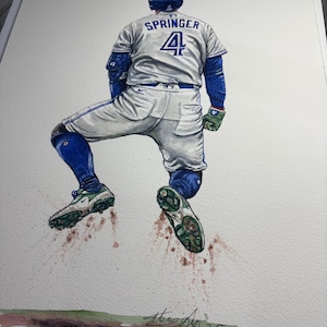 May include: Watercolour painting of a baseball player in a white and blue uniform, number 4, with the name "SPRINGER" on the back. The player is mid-action, with one leg raised. The artwork includes the artist's signature and the date.