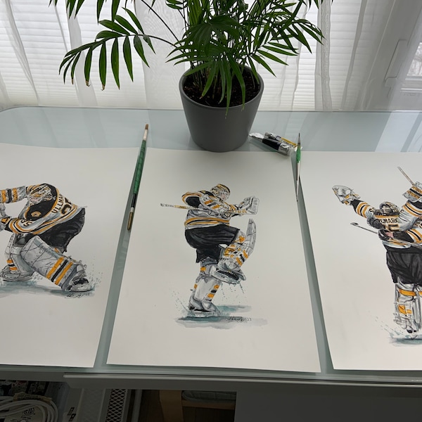 Boston Bruins, Linus Ullmark Goalie Goal 3 Set by MikeNguyenArt // Watercolour Painting