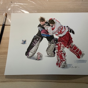 Patrick Roy contro Mike Vernon // Rissa tra portieri // Colorado Avalanche // Red Wings // Hockey // NHL // Acquerello