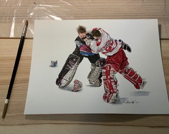 Patrick Roy vs Mike Vernon // Goalie Fight // Colorado Avalanche // Red Wings // Hockey // NHL // Watercolour Painting
