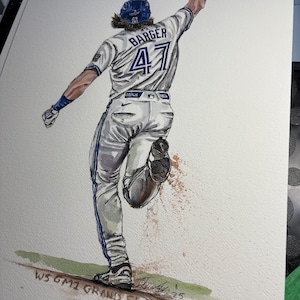May include: Watercolour painting of a baseball player in a white and blue uniform, number 47, with the name BARGER on the back. The player is running and celebrating a grand slam. The text "WS GM1 GRAND SLAM!" is at the bottom.