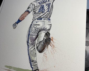 以下が含まれることがあります： 白と青のユニフォームを着た野球選手の水彩画。背中には47番とBARGERの名前。選手は走り、グランドスラムを祝っています。「WS GM1 GRAND SLAM！」の文字が下部にあります。