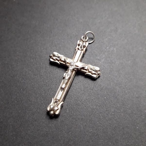 Antique solid silver French Religious Cross Medal - 3D Jesus Christ Trinity crucifix for jewelry assemblage projects