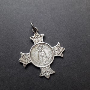 Antique French Religious Cross Pendant with Virgin Mary Our Lady of la Treille - Cathedral of Lille - North of France