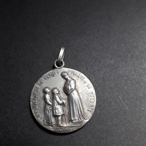 Antique French Medal Charm with Our Lady Virgin Mary of La Salette and Sanctuary of Notre Dame de Salette - vintage religious pendant France