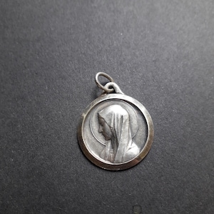 Antique Silver Religious french medal of Virgin Mary signed Escudero - Vintage portrait devotion pendant - Lourdes Grotto Scene in France