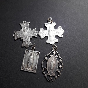 Antique Silver Virgin Mary Medals: Religious Pendant Collection