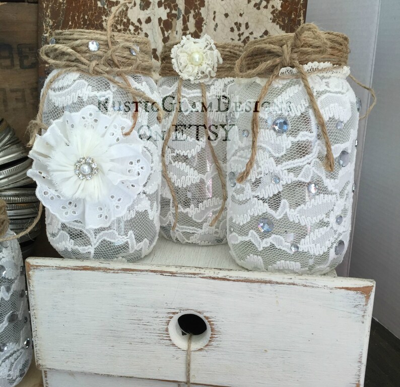 Set Of 12 Lace Mason Jars Lace Flower Vases Decorated Jars Etsy