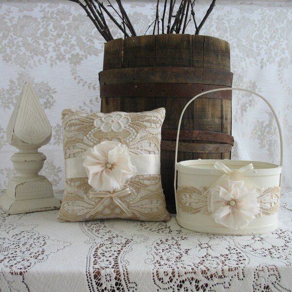 Flower Girl Basket Ring Bearer Pillow Set Rustic Wedding, Shabby Chic Wedding, Country Wedding