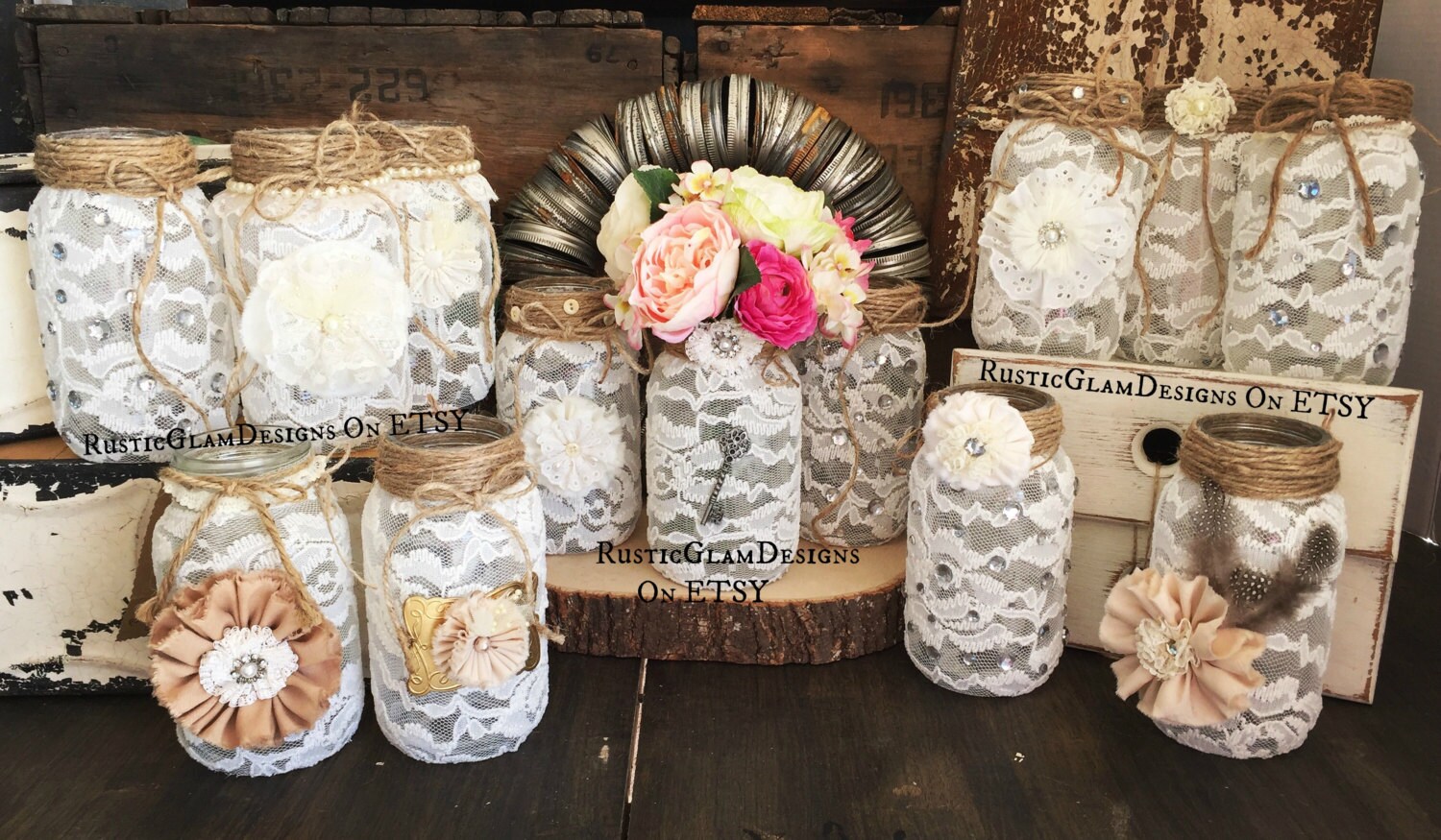 Set Of 12 Lace Mason Jars Lace Flower Vases Decorated Jars Etsy