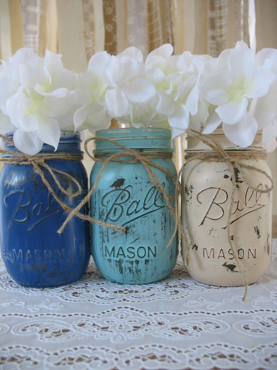 Sale 3 Pint Mason Jars Painted Mason Jars Rustic Wedding Etsy