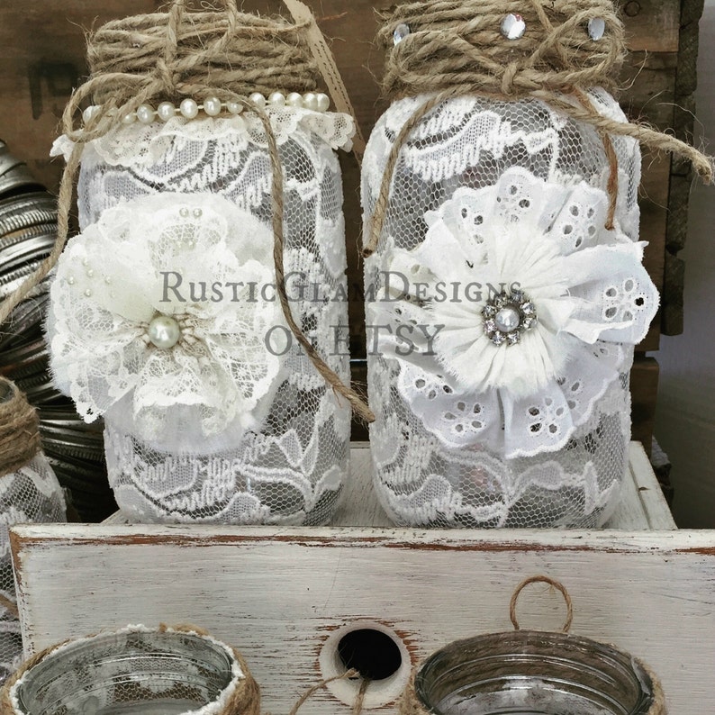 Set Of 12 Lace Mason Jars Lace Flower Vases Decorated Jars Etsy