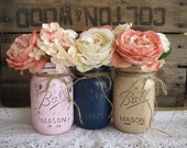 SALE!!! Set of 3 Pint Mason Jars, Painted Mason Jars, Baby Shower Decorations, Navy blue, pink and tan Mason Jars