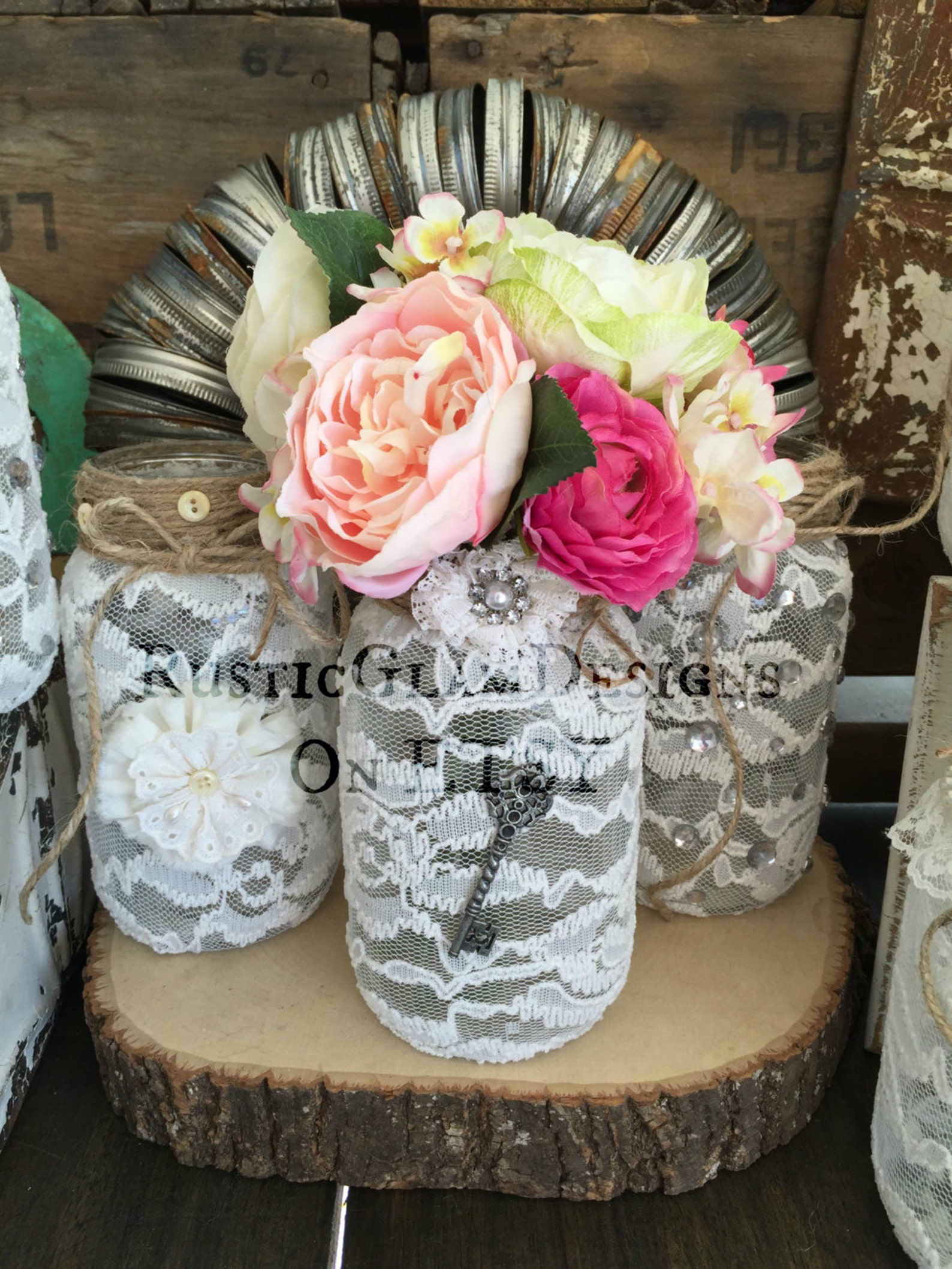 Set Of 12 Lace Mason Jars Lace Flower Vases Decorated Jars Etsy