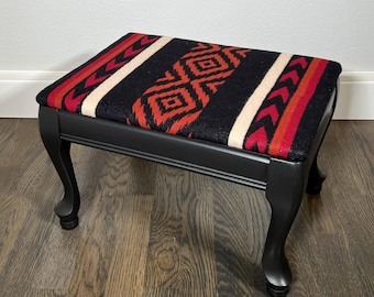 Vintage Foot Stool: American Indian Design in Oregon Wool, Black Wood Frame