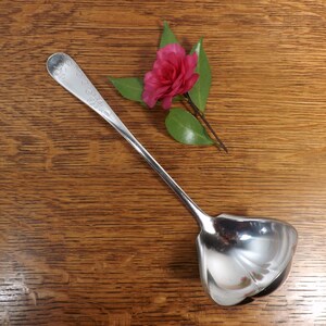 May include: A silver serving spoon with a decorative handle and a wide, rounded bowl. The spoon is on a wooden surface with a pink flower.