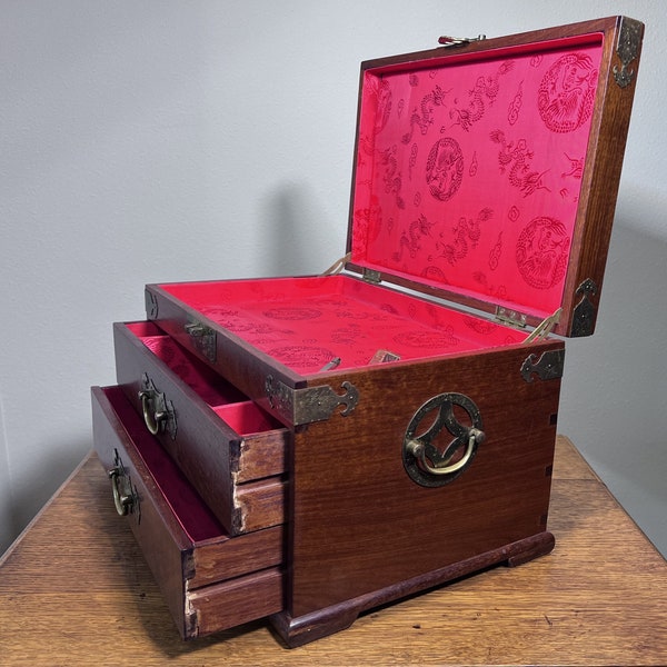 Asian Jewelry Box ~ Large Wood Cabinet with Drawers Made in Hong Kong ~ Red & Gold Brocade Lined ~ Brass Fittings