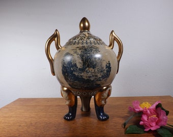 Urn with Feet and Lid ~ Garlic & Shallot or Onion Keeper ~ Decorative China with Dark Blue Hunting Scene Transfers ~ Gilt Gold Trim
