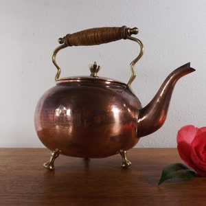 Copper Teapot with Tinned Lining ~ Bamboo Wrapped Wood Handle ~ Brass Feet and Handle Support