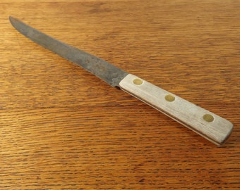Druid Kitchen Knife, Hammered 8" Blade, Full Tang, Wood Handle with Brass Rivets, #973, Vintage Kitchen Tools