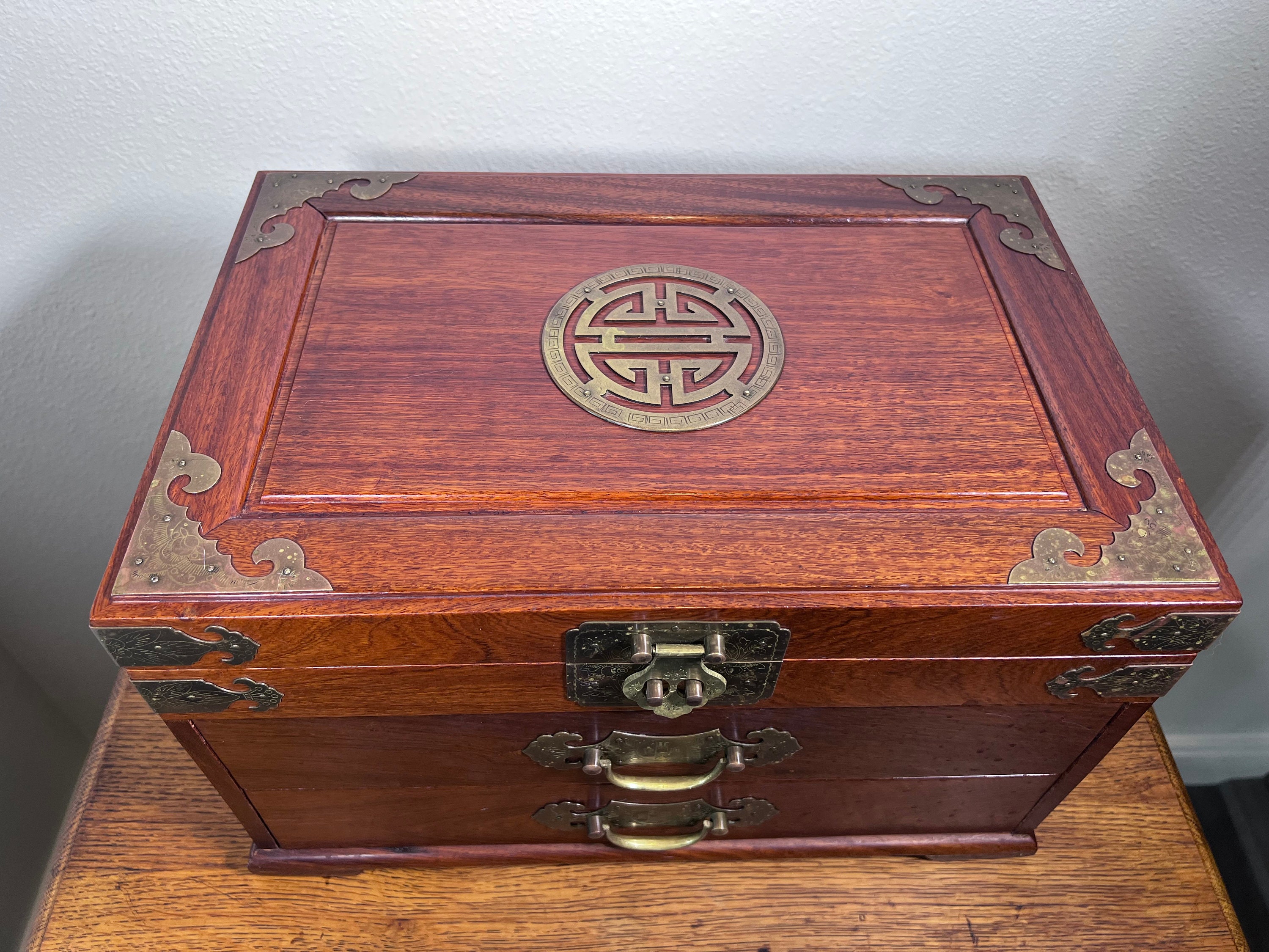 RARE Vintage Brown Asian Jewelry Box with Doors and Antique Brass Hardware  - Waterfront Online