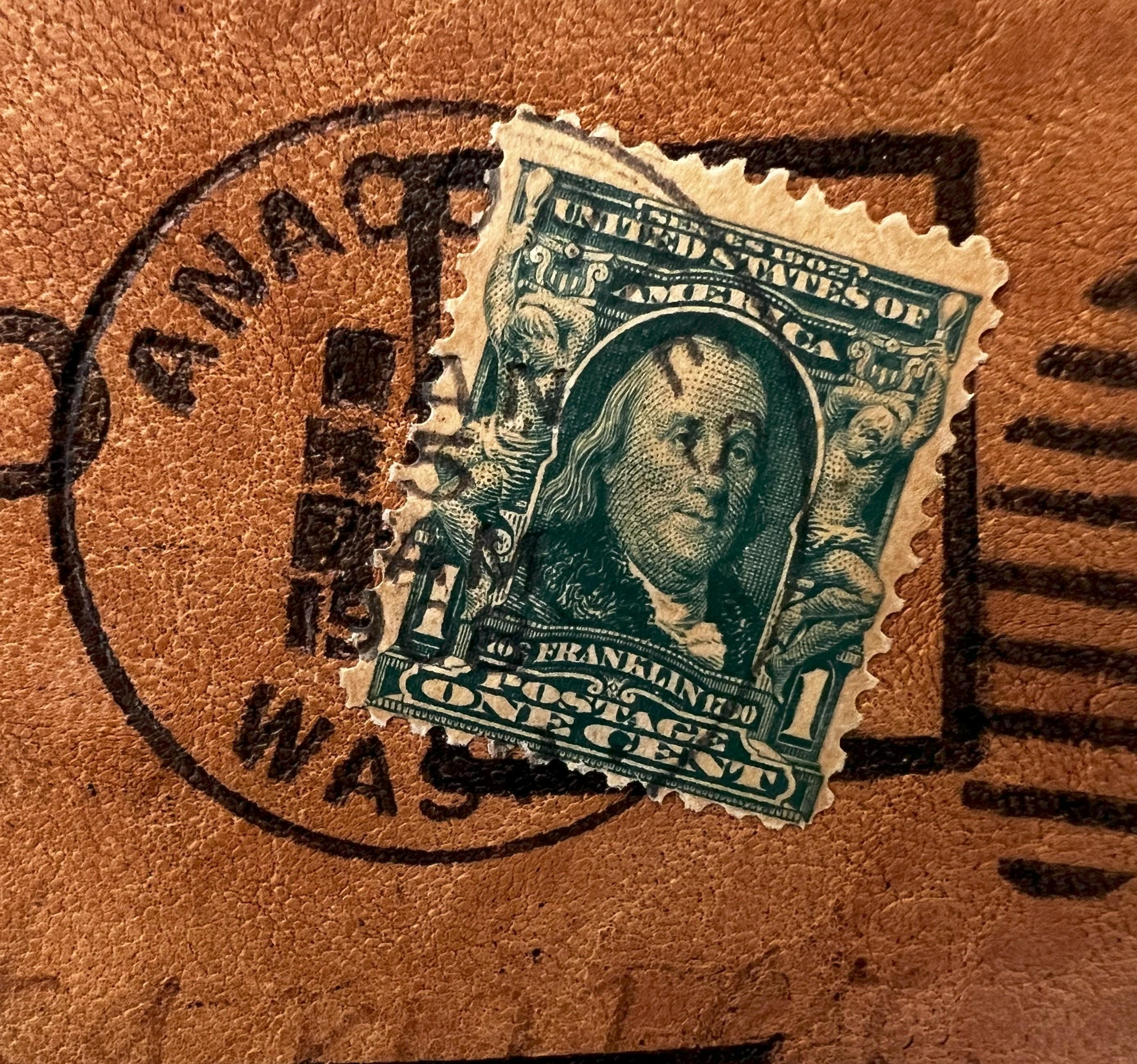 Leather Postcard Postmarked 1908 With Cancelled 1 Cent Benjamin