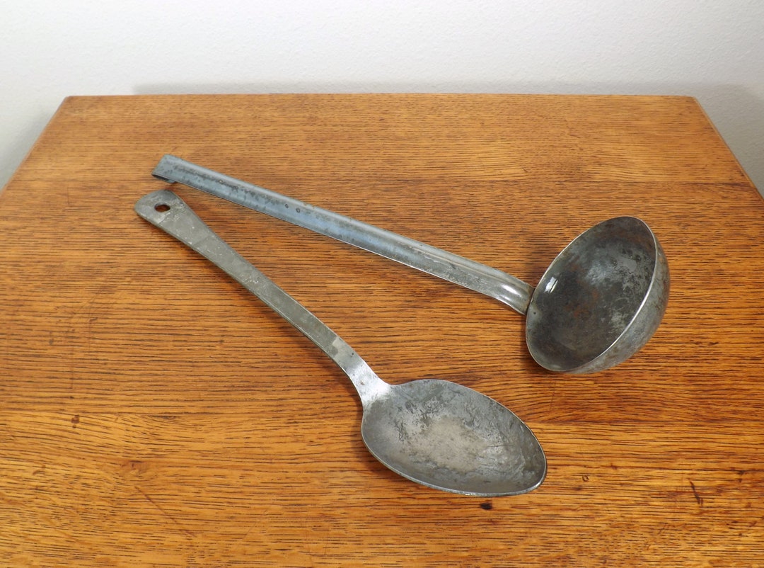 Kitchen Utensils, Tinned Spoon& Enamelware Ladle, Vintage Farm House