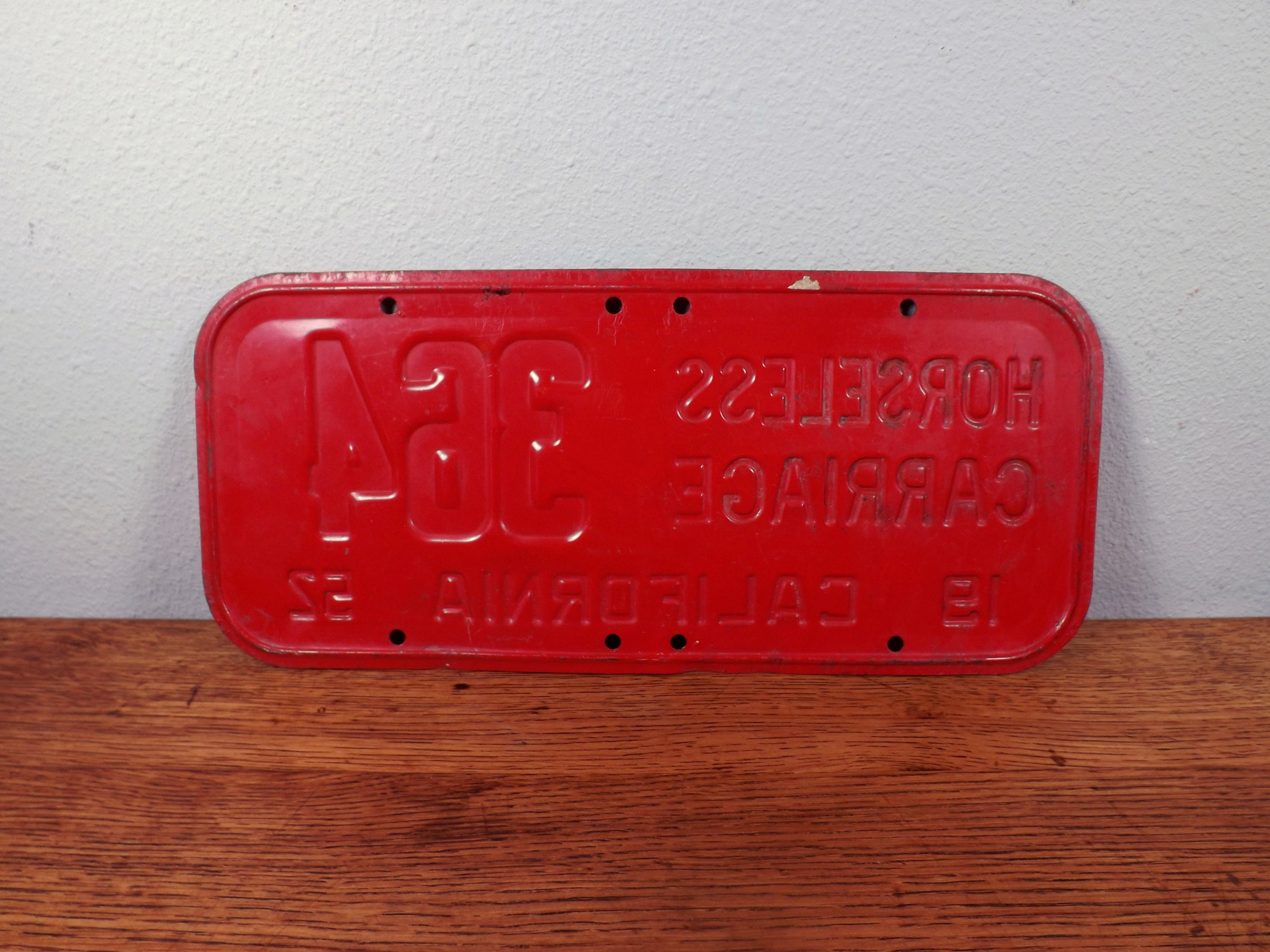 1952 California Horseless Carriage License Plate - Red & White