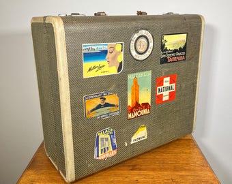 Vintage Tweed Suitcase with Travel Stickers: Lan-c-Air Style Decor