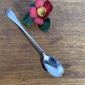 May include: A silver spoon with a long, thin handle and a rounded oval bowl. The spoon is lying on a wooden surface.